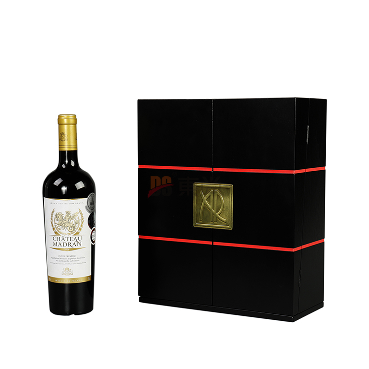  DSW-1012啞黑色鑲嵌紅色PU皮雙斜門酒包裝木盒